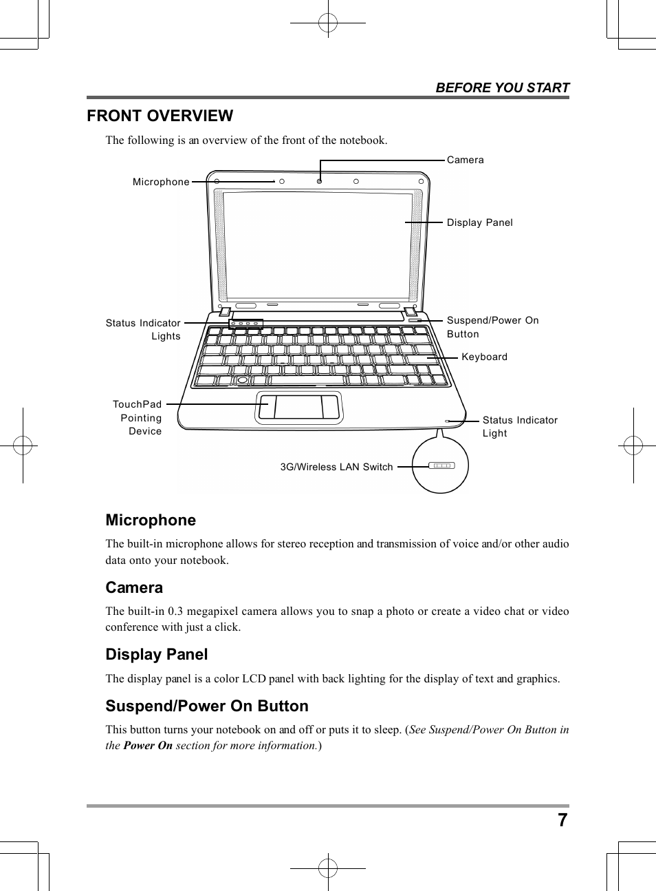 Front overview, Microphone, Camera | Display panel, Suspend/power on button | PROLiNK Glee TA-009 User Manual User Manual | Page 7 / 198