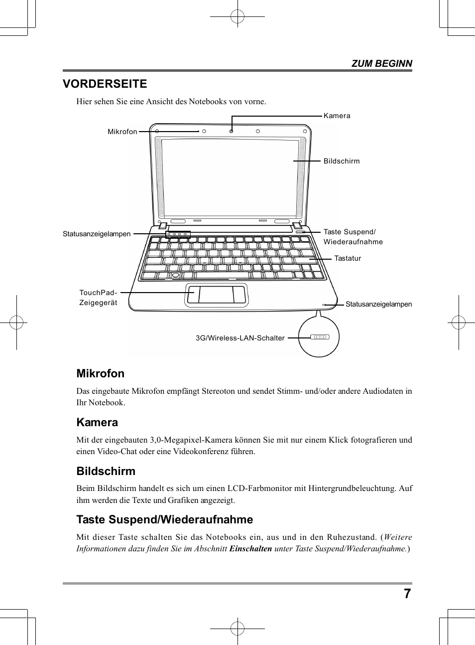 Vorderseite, Mikrofon, Kamera | Bildschirm, Taste suspend/wiederaufnahme | PROLiNK Glee TA-009 User Manual User Manual | Page 73 / 198