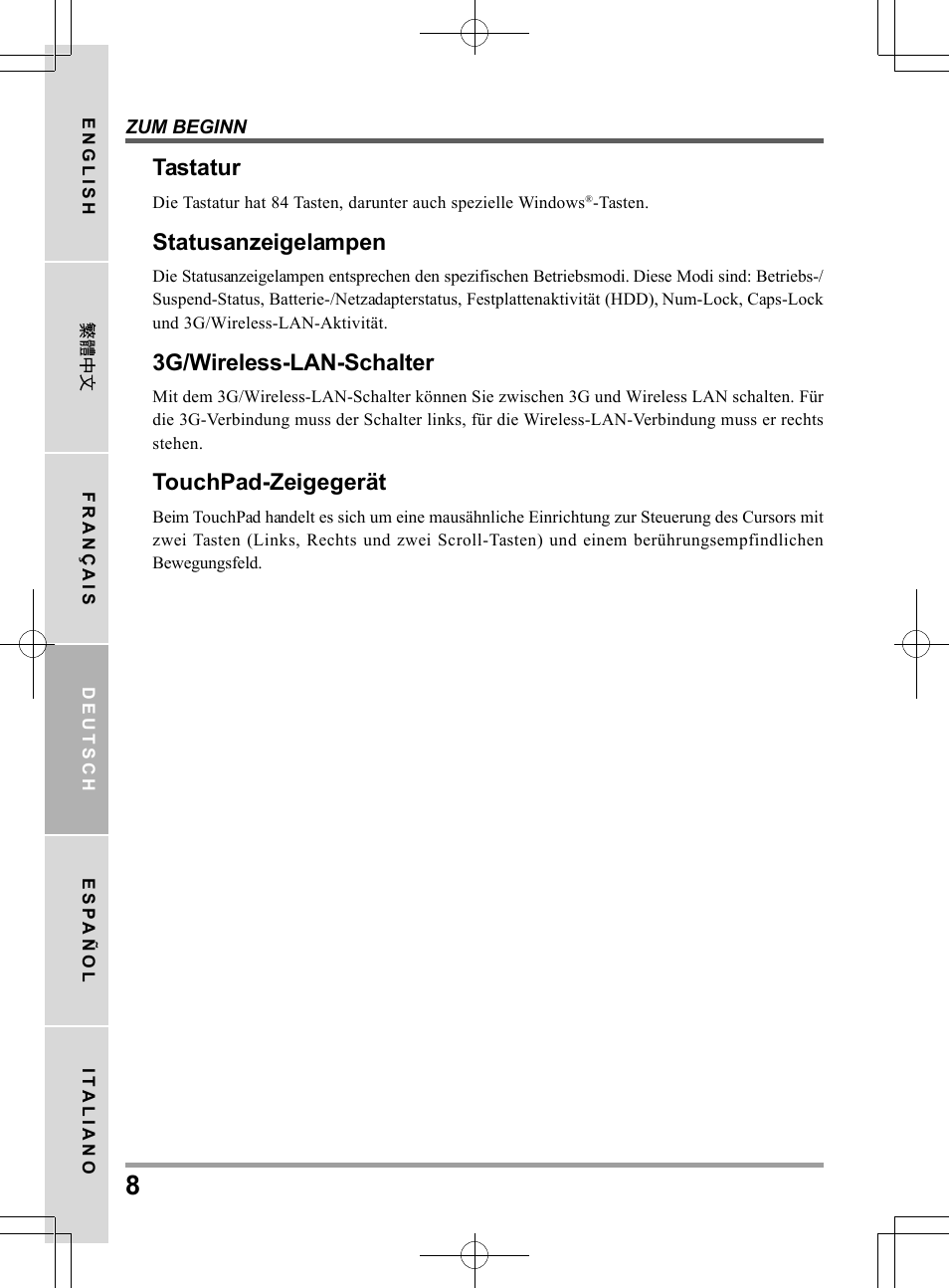 Tastatur, Statusanzeigelampen, 3g/wireless-lan-schalter | Touchpad-zeigegerät | PROLiNK Glee TA-009 User Manual User Manual | Page 74 / 198