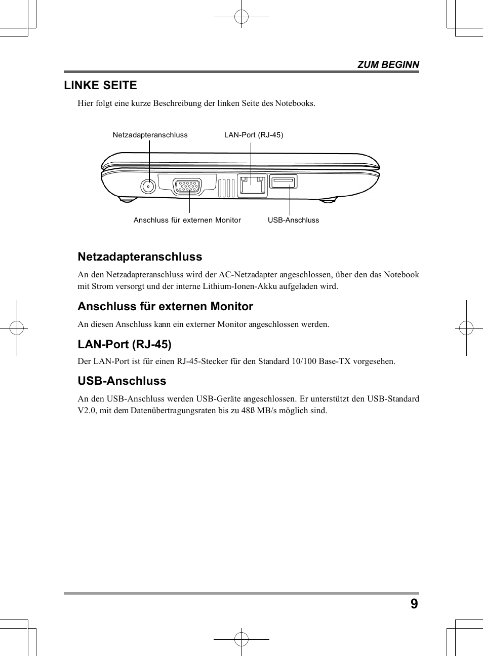 Netzadapteranschluss, Anschluss für externen monitor, Lan-port (rj-45) | Usb-anschluss, Linke seite | PROLiNK Glee TA-009 User Manual User Manual | Page 75 / 198