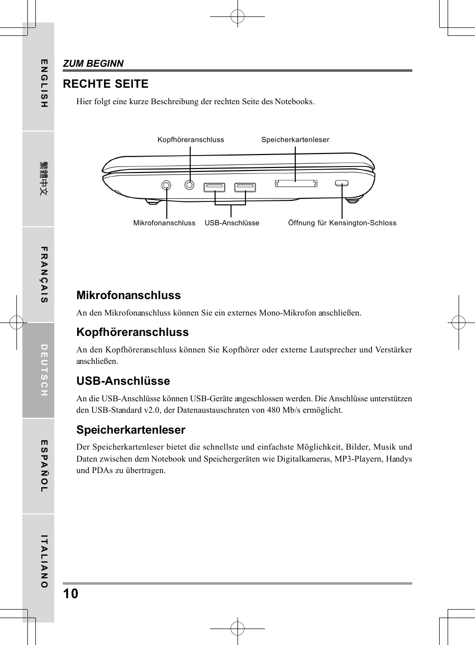 Mikrofonanschluss, Kopfhöreranschluss, Usb-anschlüsse | Speicherkartenleser, Rechte seite | PROLiNK Glee TA-009 User Manual User Manual | Page 76 / 198