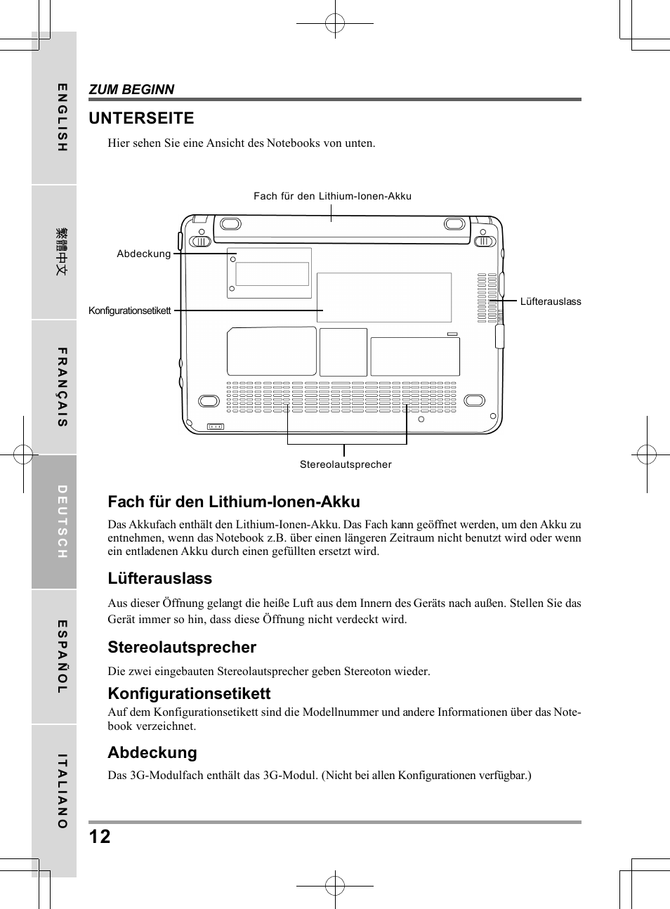 Fach für den lithium-ionen-akku, Lüfterauslass, Stereolautsprecher | Konfigurationsetikett, Abdeckung, Unterseite | PROLiNK Glee TA-009 User Manual User Manual | Page 78 / 198