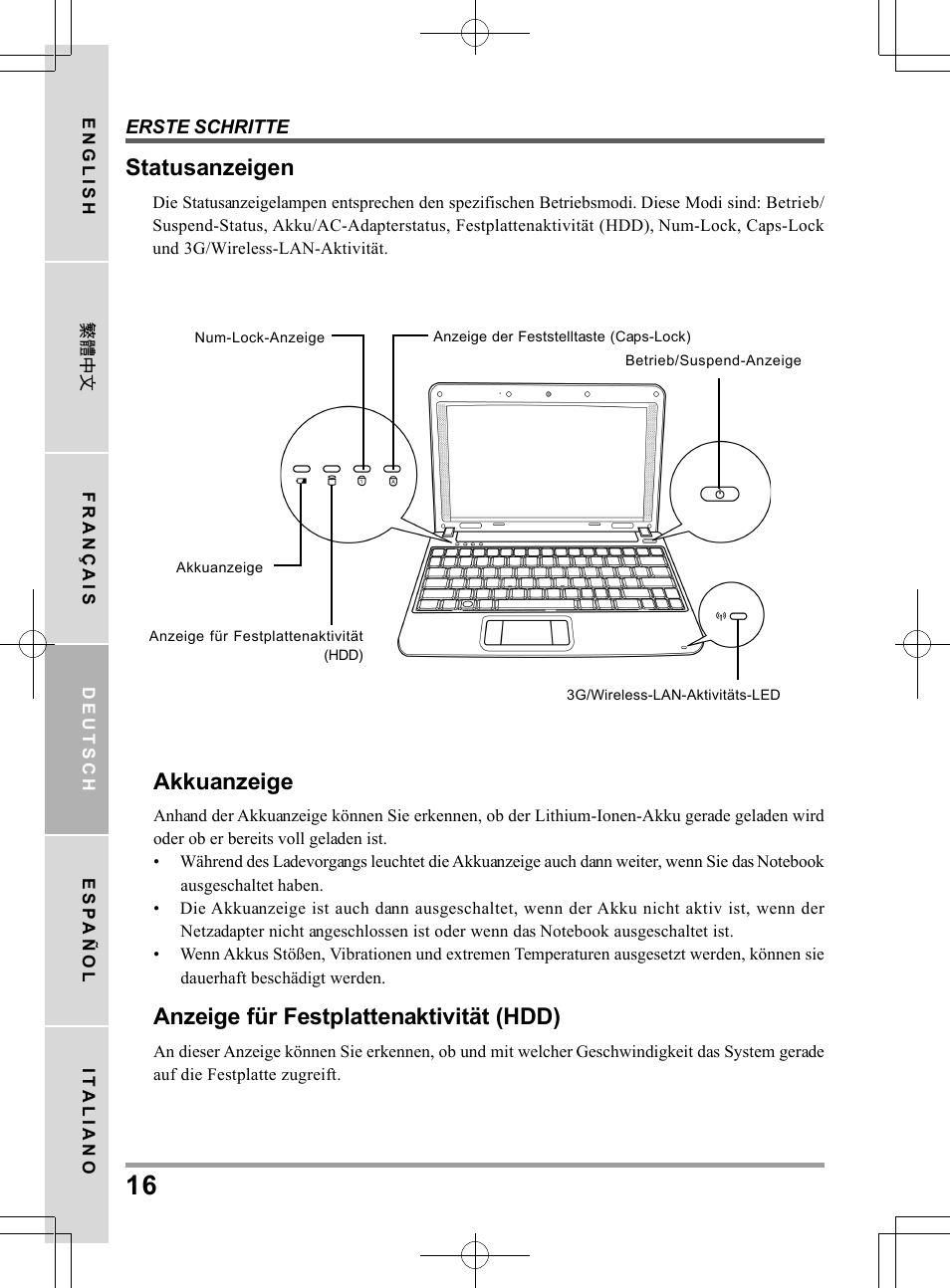 Statusanzeigen, Akkuanzeige, Anzeige für festplattenaktivität (hdd) | PROLiNK Glee TA-009 User Manual User Manual | Page 82 / 198