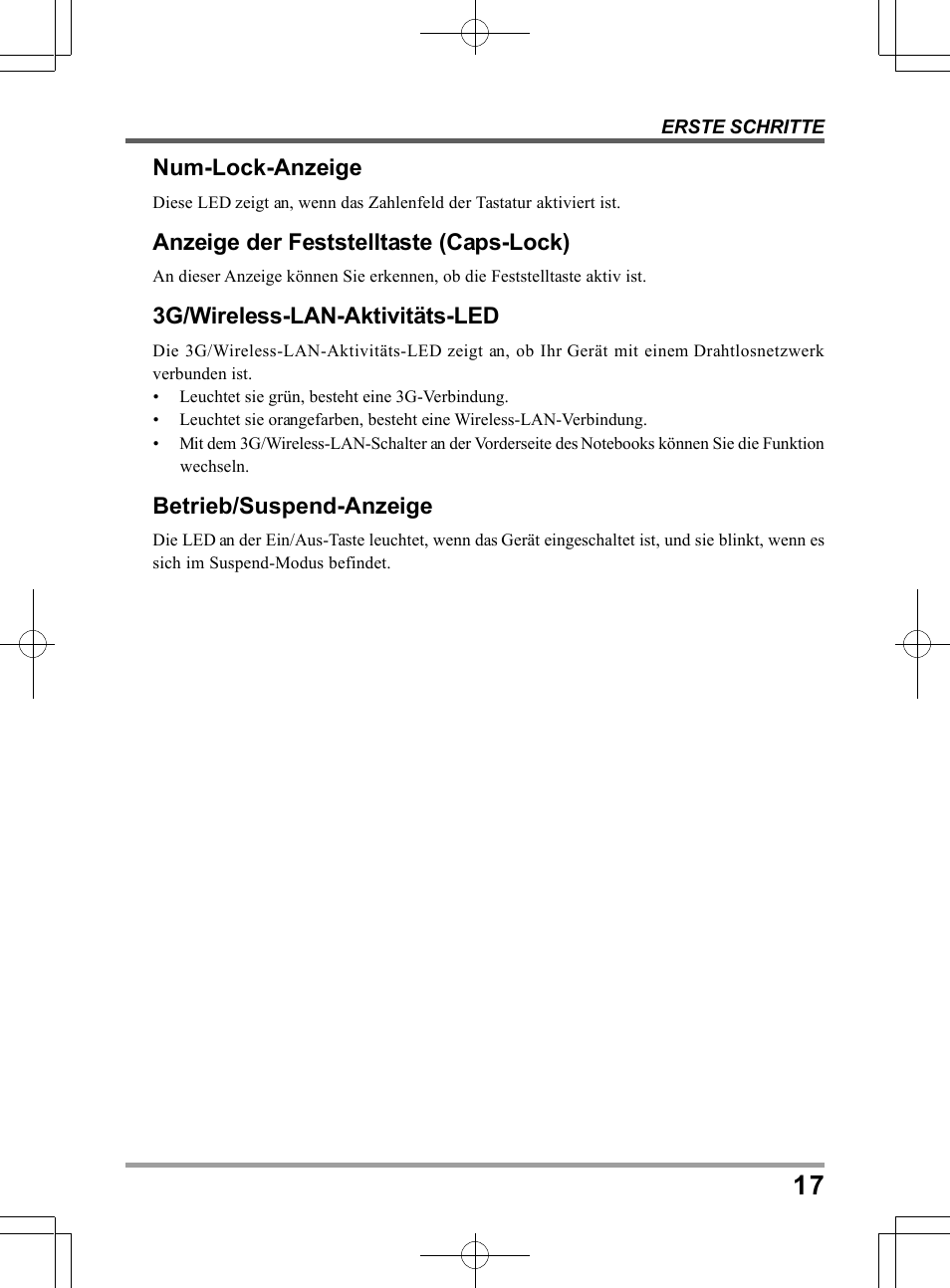 Num-lock-anzeige, Anzeige der feststelltaste (caps-lock), 3g/wireless-lan-aktivitäts-led | Betrieb/suspend-anzeige | PROLiNK Glee TA-009 User Manual User Manual | Page 83 / 198