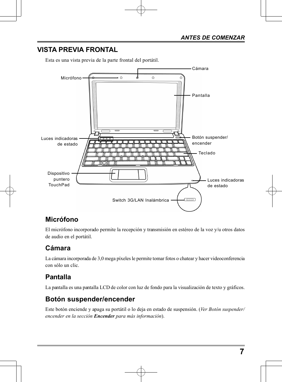 Vista previa frontal, Micrófono, Cámara | Pantalla, Botón suspender/encender | PROLiNK Glee TA-009 User Manual User Manual | Page 95 / 198