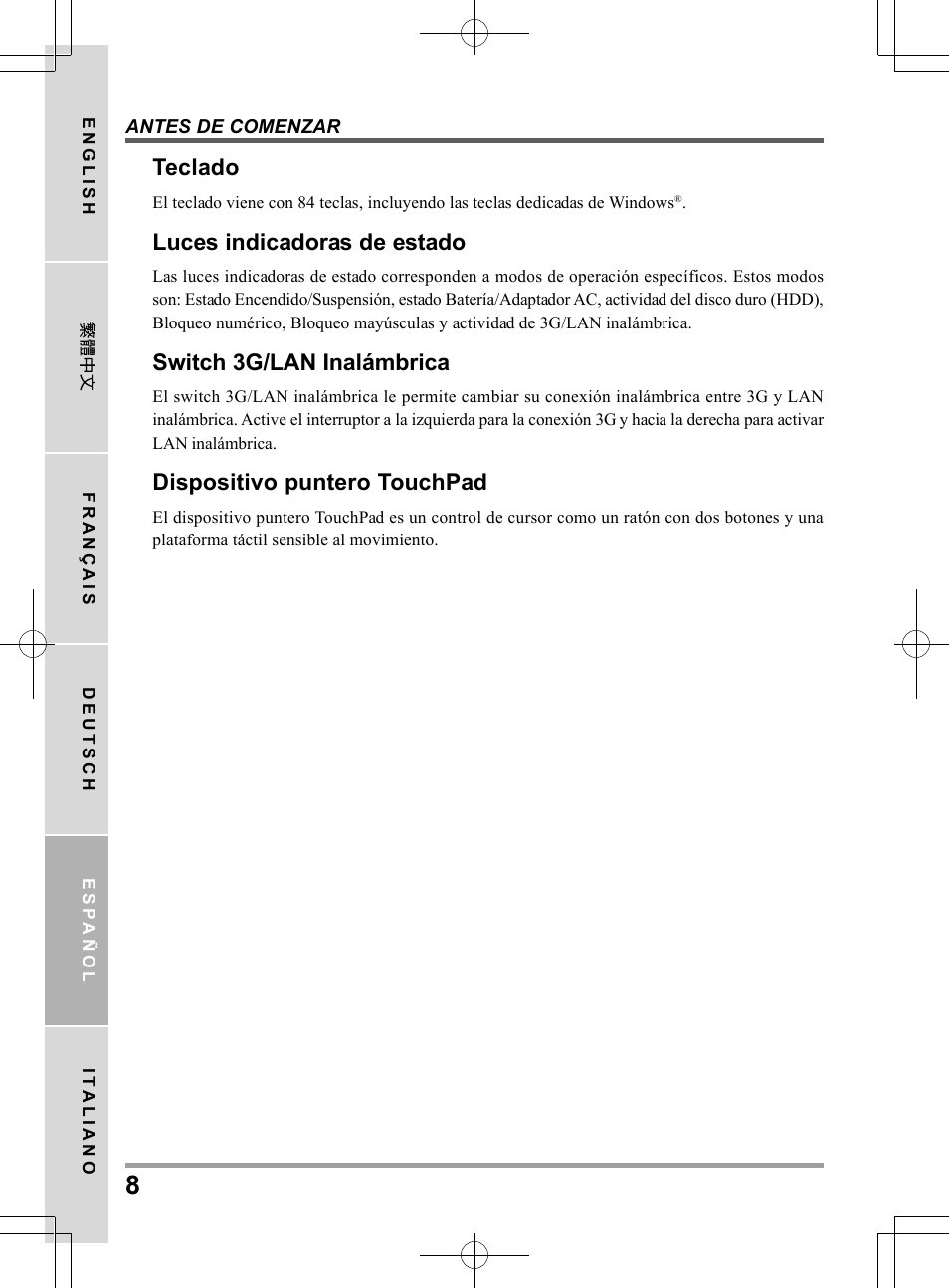 Teclado, Luces indicadoras de estado, Switch 3g/lan inalámbrica | Dispositivo puntero touchpad | PROLiNK Glee TA-009 User Manual User Manual | Page 96 / 198