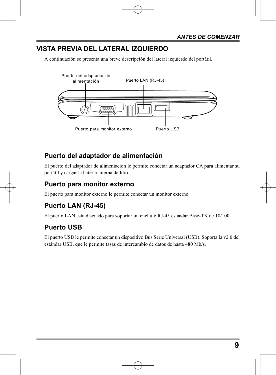 Puerto del adaptador de alimentación, Puerto para monitor externo, Puerto lan (rj-45) | Puerto usb, Vista previa del lateral izquierdo | PROLiNK Glee TA-009 User Manual User Manual | Page 97 / 198