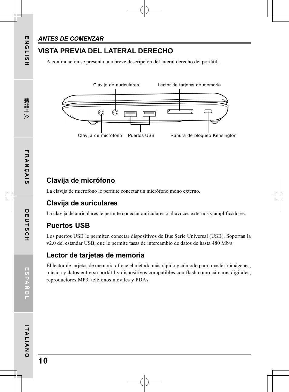 Clavija de micrófono, Clavija de auriculares, Puertos usb | Vista previa del lateral derecho | PROLiNK Glee TA-009 User Manual User Manual | Page 98 / 198