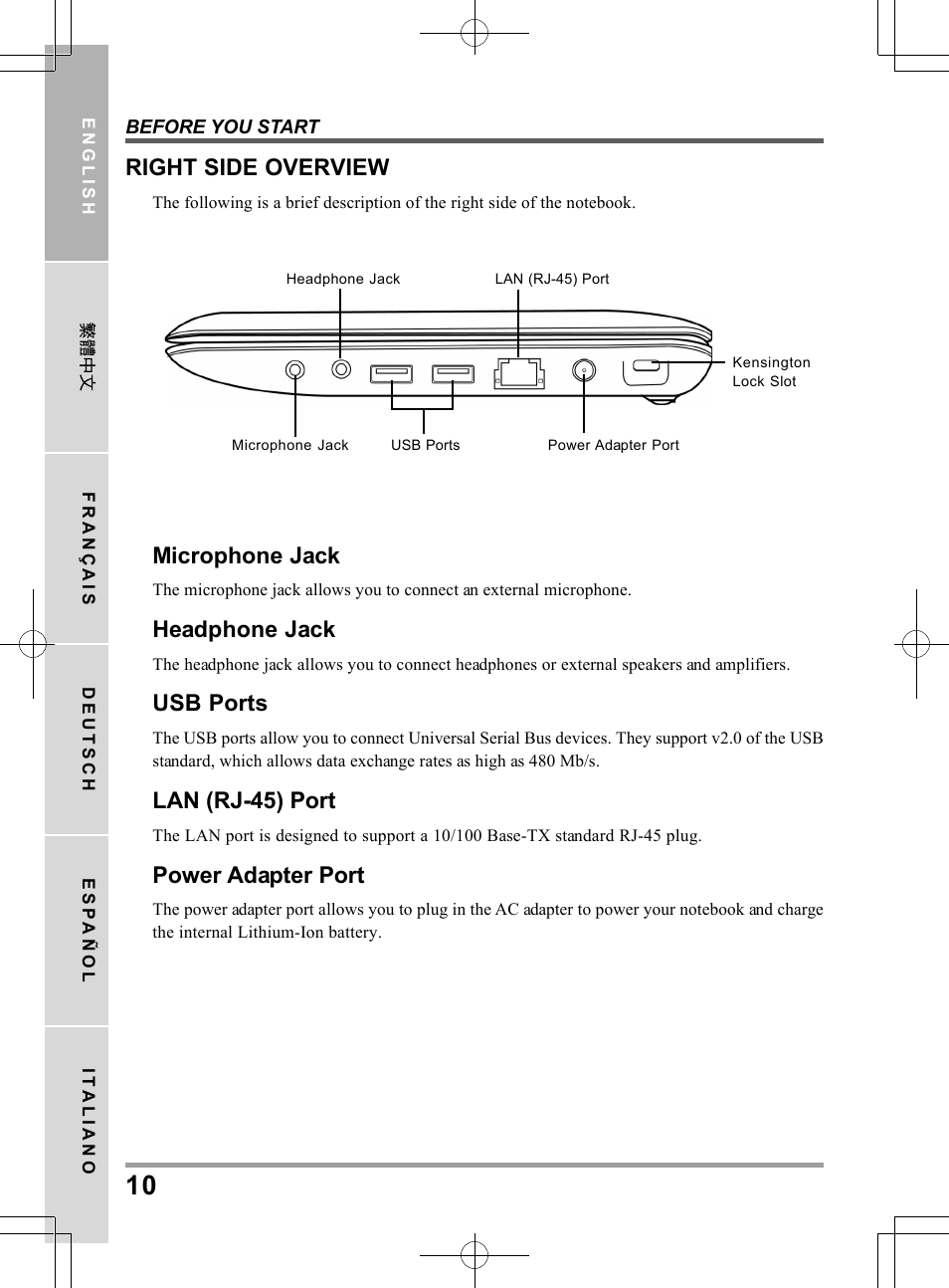 Microphone jack, Headphone jack, Usb ports | Lan (rj-45) port, Power adapter port, Right side overview | PROLiNK Glee UW2 User Manual User Manual | Page 10 / 198