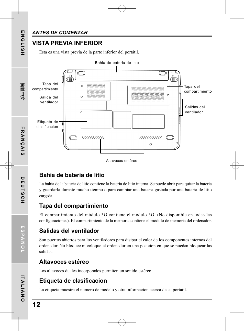 Vista previa inferior, Bahia de bateria de litio, Tapa del compartimiento | Salidas del ventilador, Altavoces estéreo, Etiqueta de clasificacion | PROLiNK Glee UW2 User Manual User Manual | Page 100 / 198