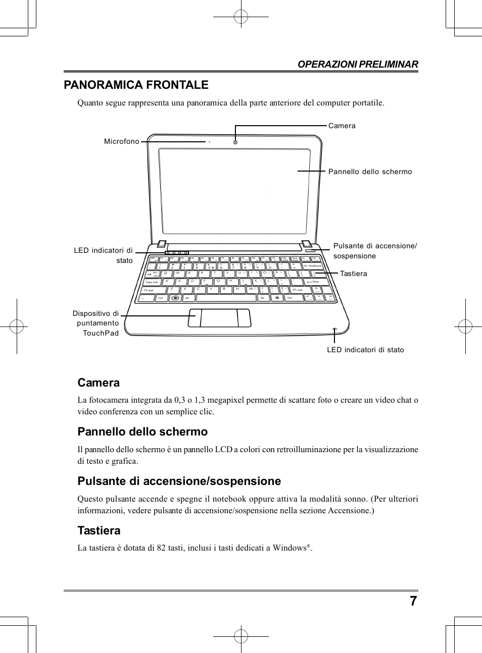 Panoramica frontale, Camera, Pannello dello schermo | Pulsante di accensione/sospensione, Tastiera | PROLiNK Glee UW2 User Manual User Manual | Page 117 / 198
