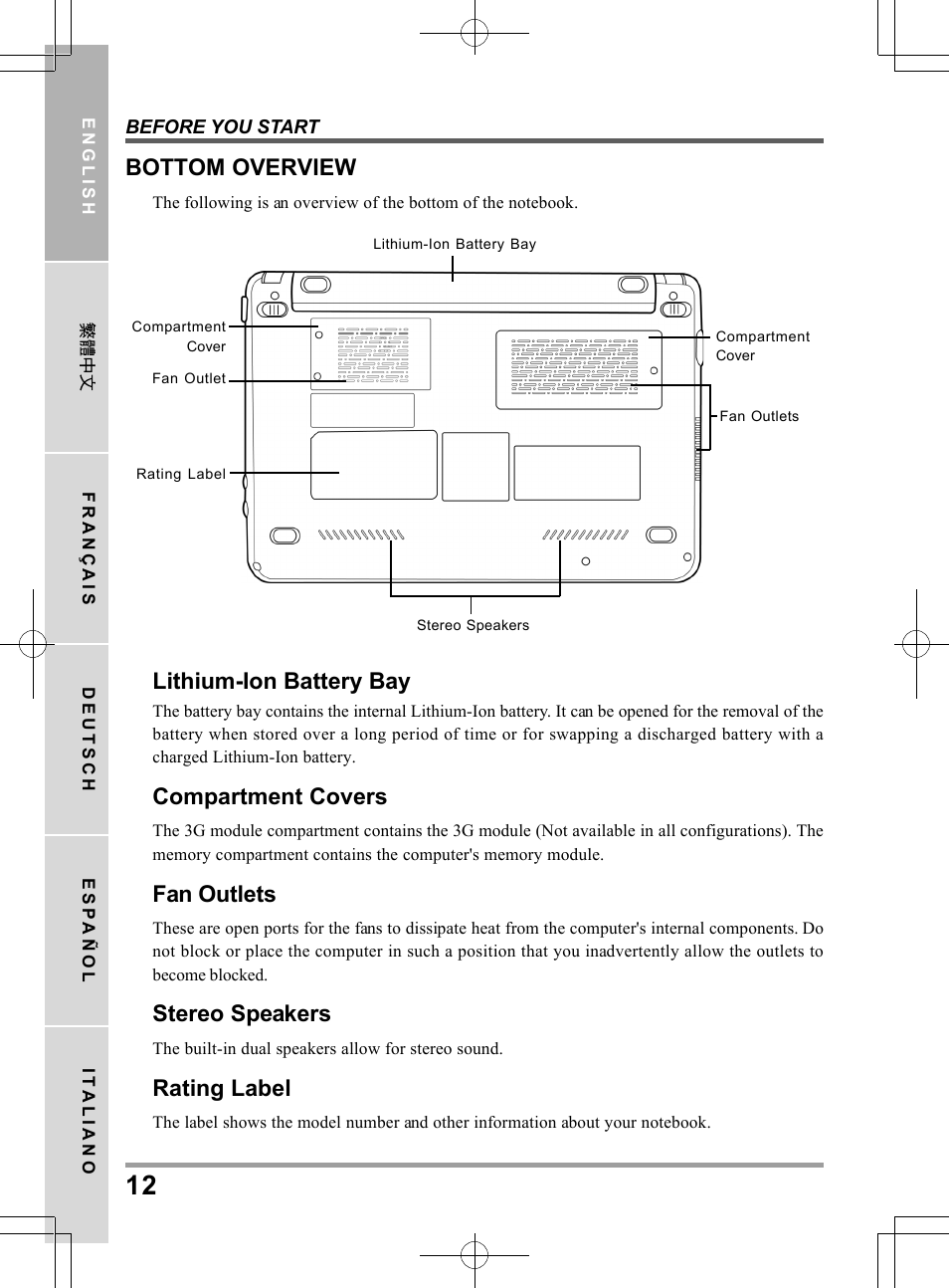 Bottom overview, Lithium-ion battery bay, Compartment covers | Fan outlets, Stereo speakers, Rating label | PROLiNK Glee UW2 User Manual User Manual | Page 12 / 198