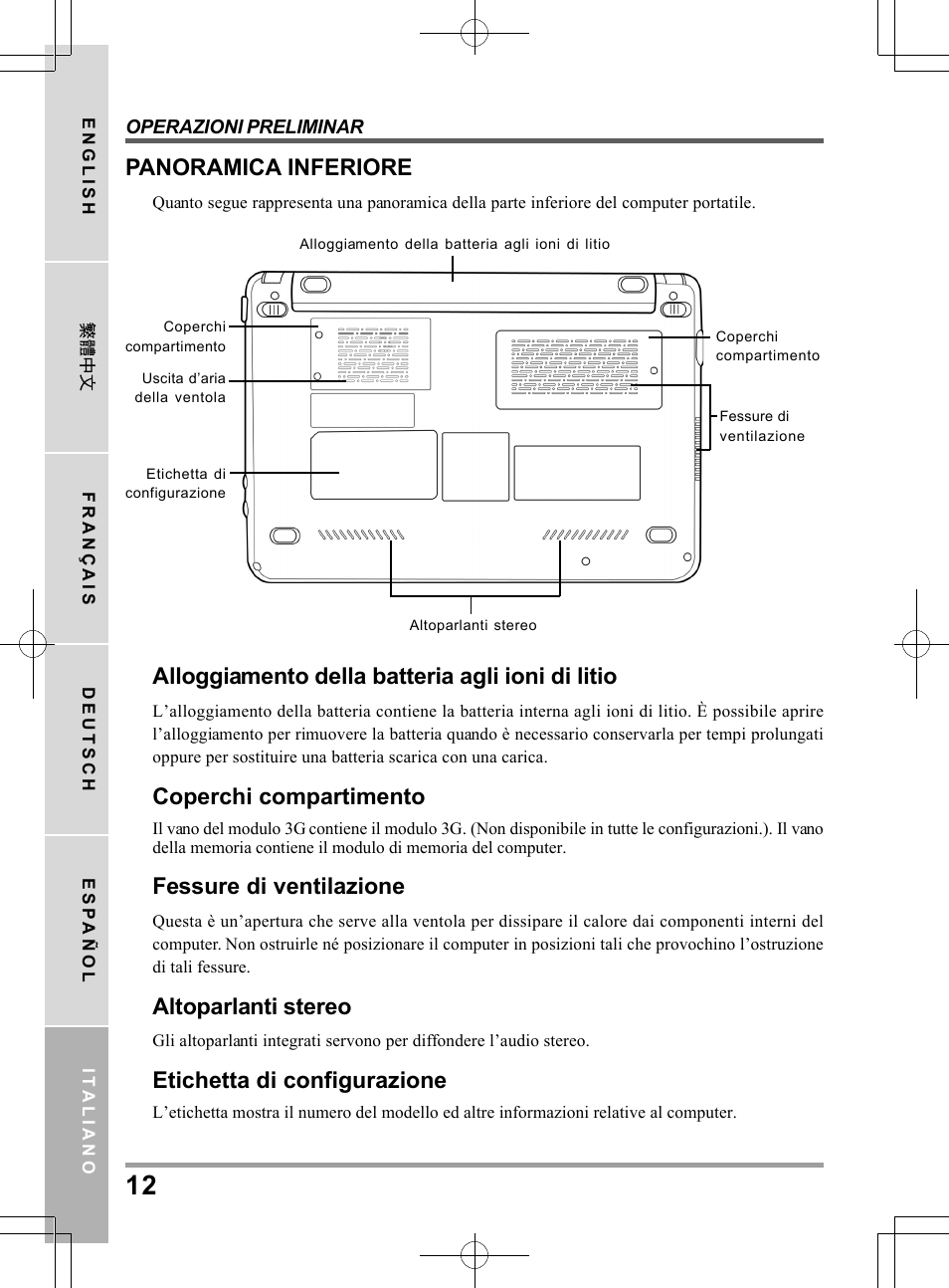 Panoramica inferiore, Alloggiamento della batteria agli ioni di litio, Coperchi compartimento | Fessure di ventilazione, Altoparlanti stereo, Etichetta di configurazione | PROLiNK Glee UW2 User Manual User Manual | Page 122 / 198