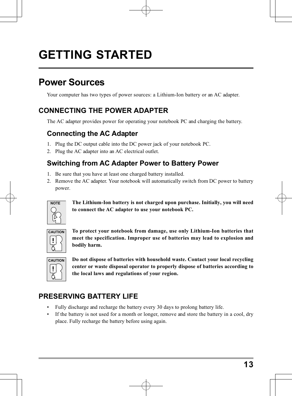 Getting started, Power sources, Connecting the power adapter | Connecting the ac adapter, Switching from ac adapter power to battery power, Preserving battery life | PROLiNK Glee UW2 User Manual User Manual | Page 13 / 198
