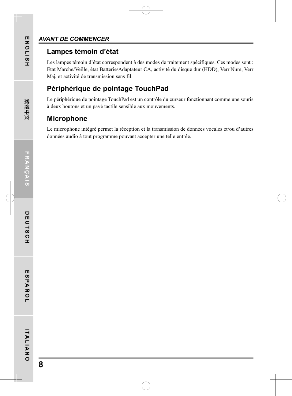 Lampes témoin d’état, Périphérique de pointage touchpad, Microphone | PROLiNK Glee UW2 User Manual User Manual | Page 52 / 198