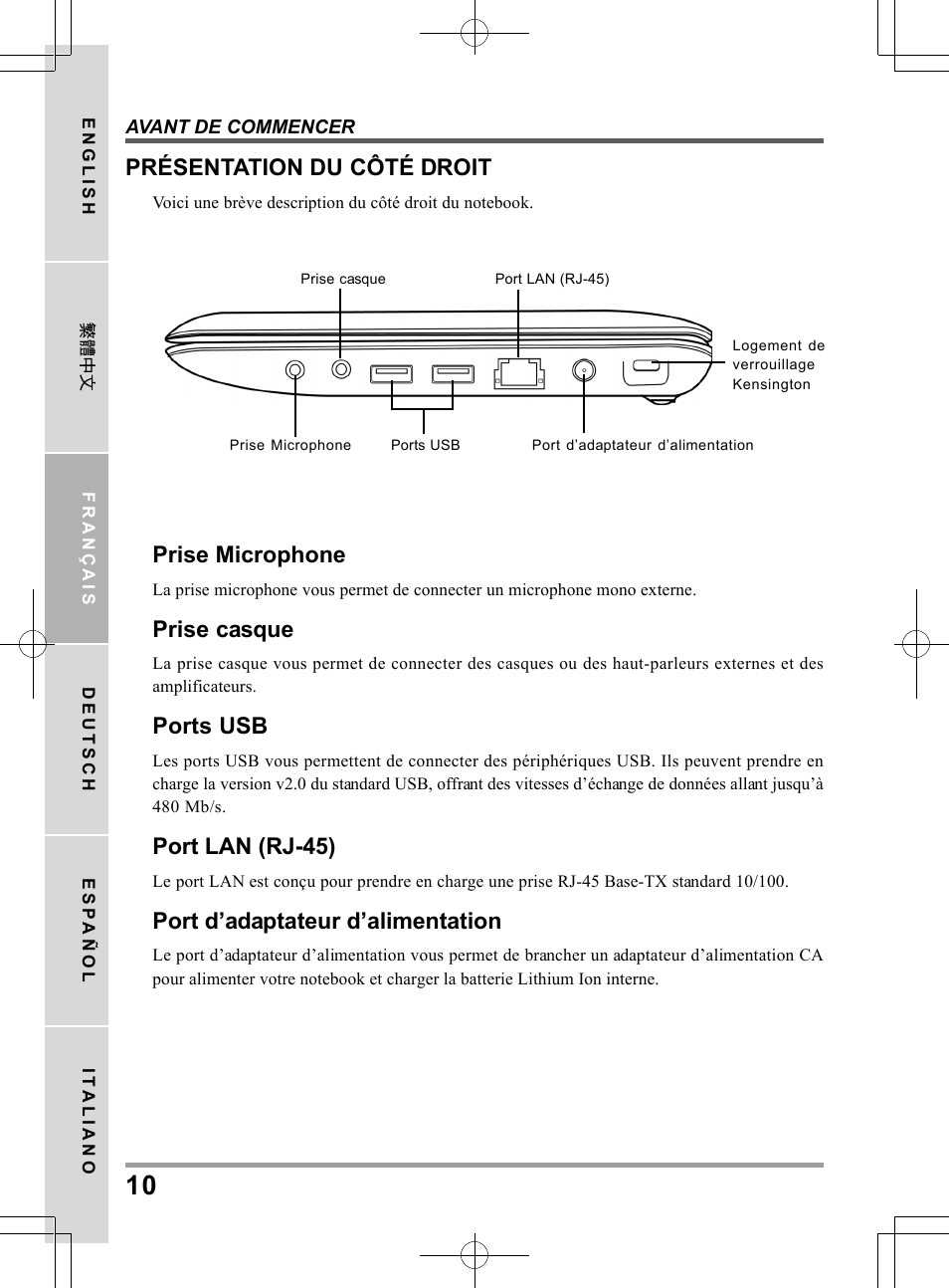 Prise microphone, Prise casque, Ports usb | Port lan (rj-45), Port d’adaptateur d’alimentation, Présentation du côté droit | PROLiNK Glee UW2 User Manual User Manual | Page 54 / 198