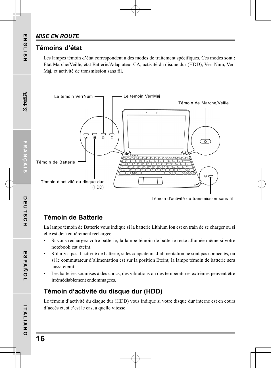Témoins d’état, Témoin de batterie, Témoin d’activité du disque dur (hdd) | PROLiNK Glee UW2 User Manual User Manual | Page 60 / 198