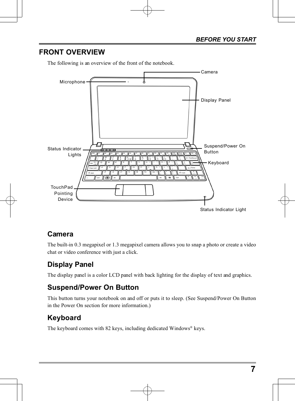 Front overview, Camera, Display panel | Suspend/power on button, Keyboard | PROLiNK Glee UW2 User Manual User Manual | Page 7 / 198
