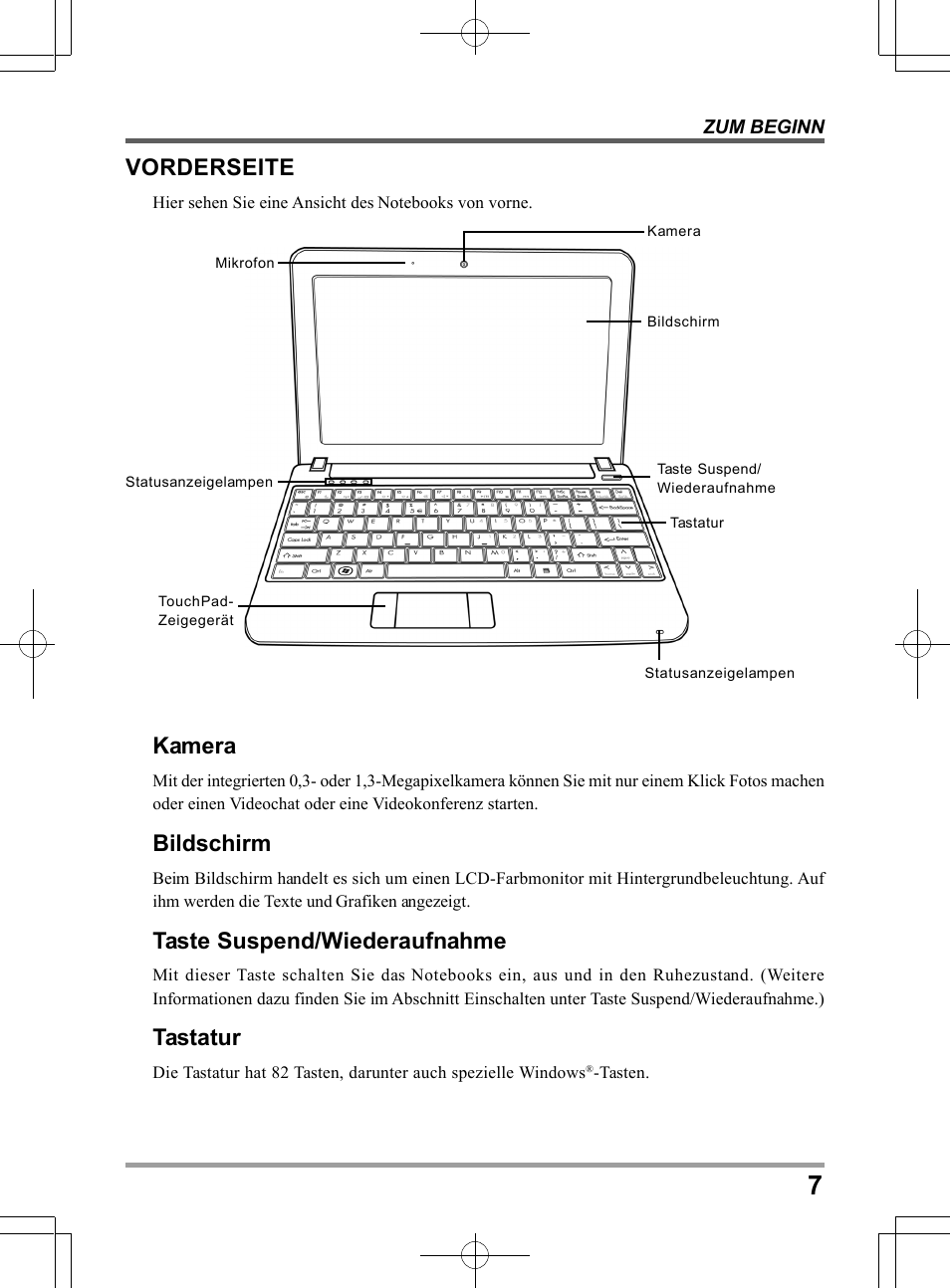 Vorderseite, Kamera, Bildschirm | Taste suspend/wiederaufnahme, Tastatur | PROLiNK Glee UW2 User Manual User Manual | Page 73 / 198