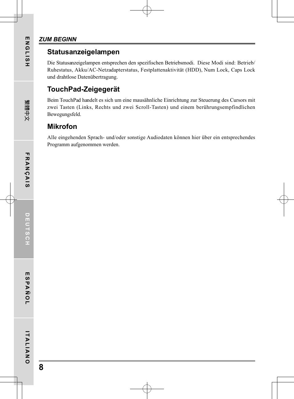 Statusanzeigelampen, Touchpad-zeigegerät, Mikrofon | PROLiNK Glee UW2 User Manual User Manual | Page 74 / 198