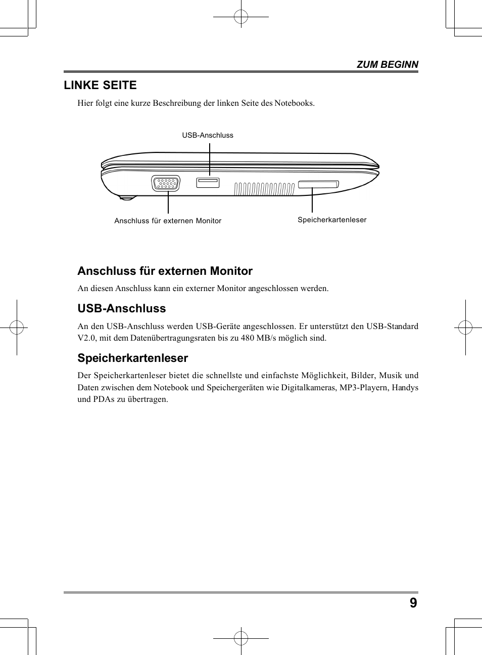 Anschluss für externen monitor, Usb-anschluss, Speicherkartenleser | Linke seite | PROLiNK Glee UW2 User Manual User Manual | Page 75 / 198