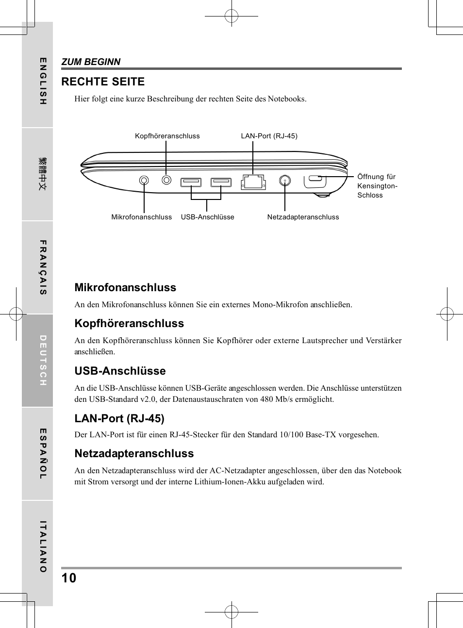 Mikrofonanschluss, Kopfhöreranschluss, Usb-anschlüsse | Lan-port (rj-45), Netzadapteranschluss, Rechte seite | PROLiNK Glee UW2 User Manual User Manual | Page 76 / 198