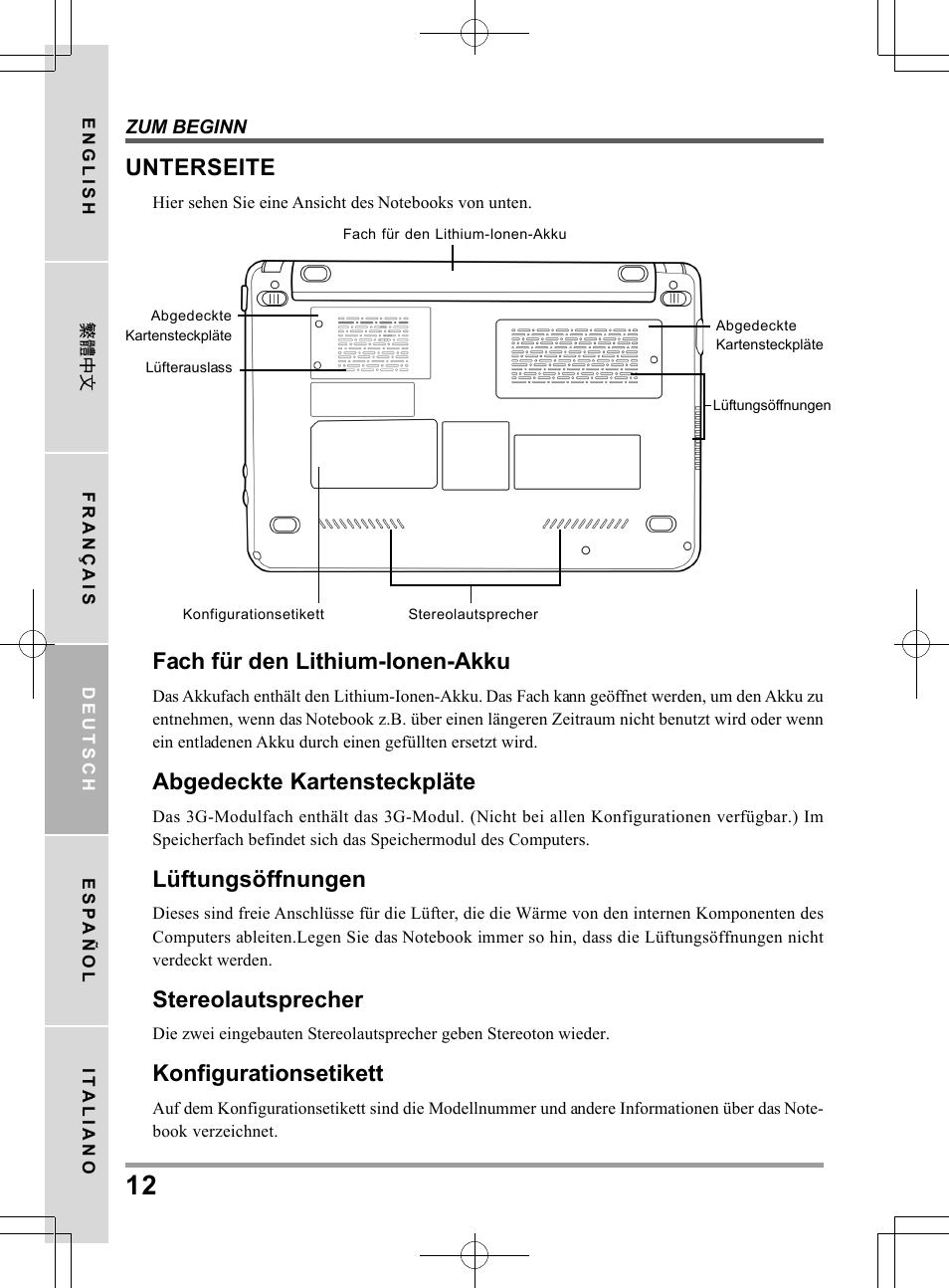 Fach für den lithium-ionen-akku, Abgedeckte kartensteckpläte, Lüftungsöffnungen | Stereolautsprecher, Konfigurationsetikett, Unterseite | PROLiNK Glee UW2 User Manual User Manual | Page 78 / 198
