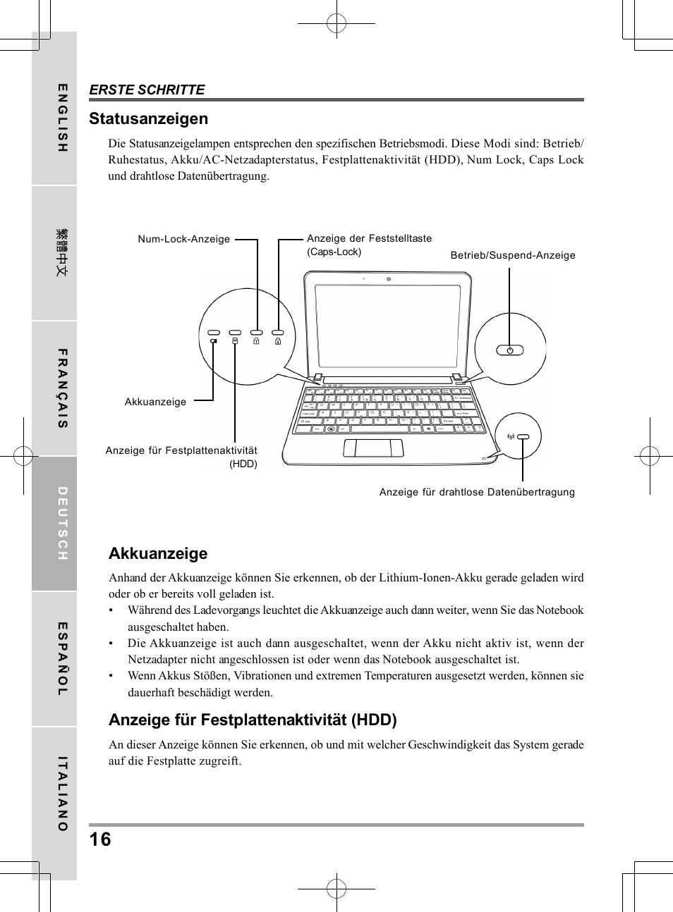 Statusanzeigen, Akkuanzeige, Anzeige für festplattenaktivität (hdd) | PROLiNK Glee UW2 User Manual User Manual | Page 82 / 198