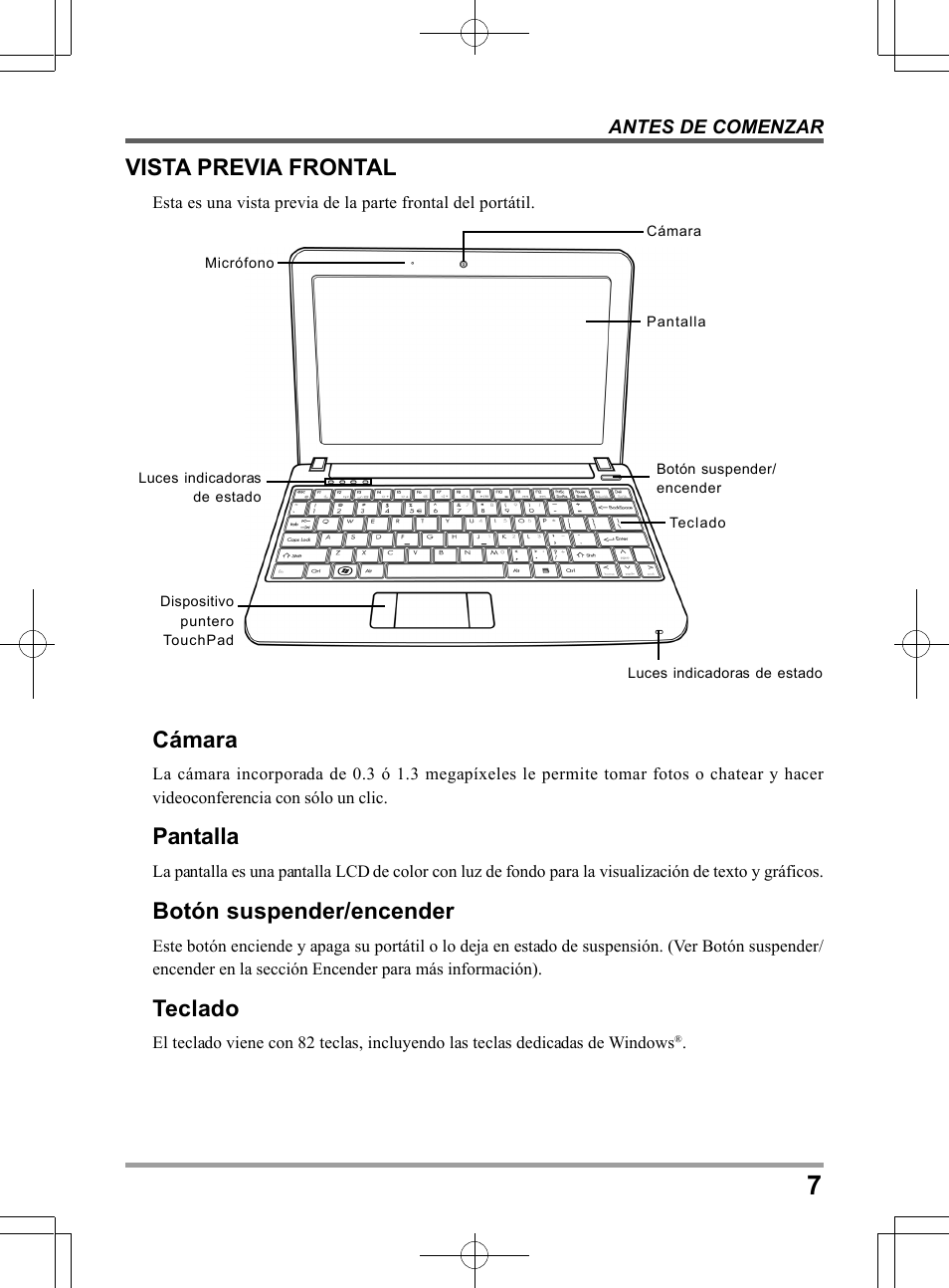 Vista previa frontal, Cámara, Pantalla | Botón suspender/encender, Teclado | PROLiNK Glee UW2 User Manual User Manual | Page 95 / 198