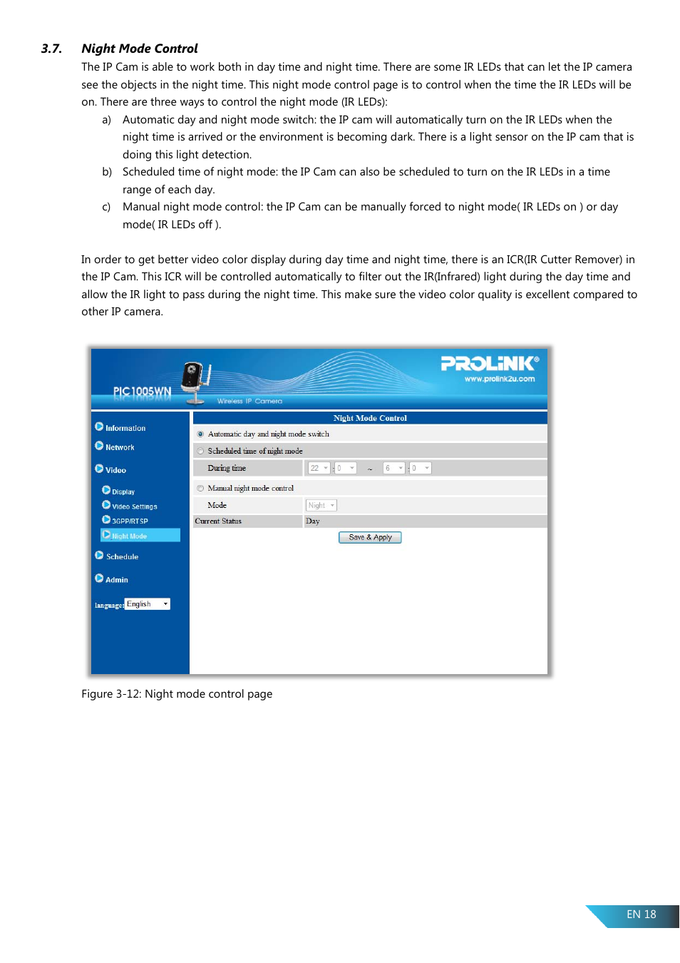 Night mode control | PROLiNK PIC1005WN User Manual User Manual | Page 21 / 53
