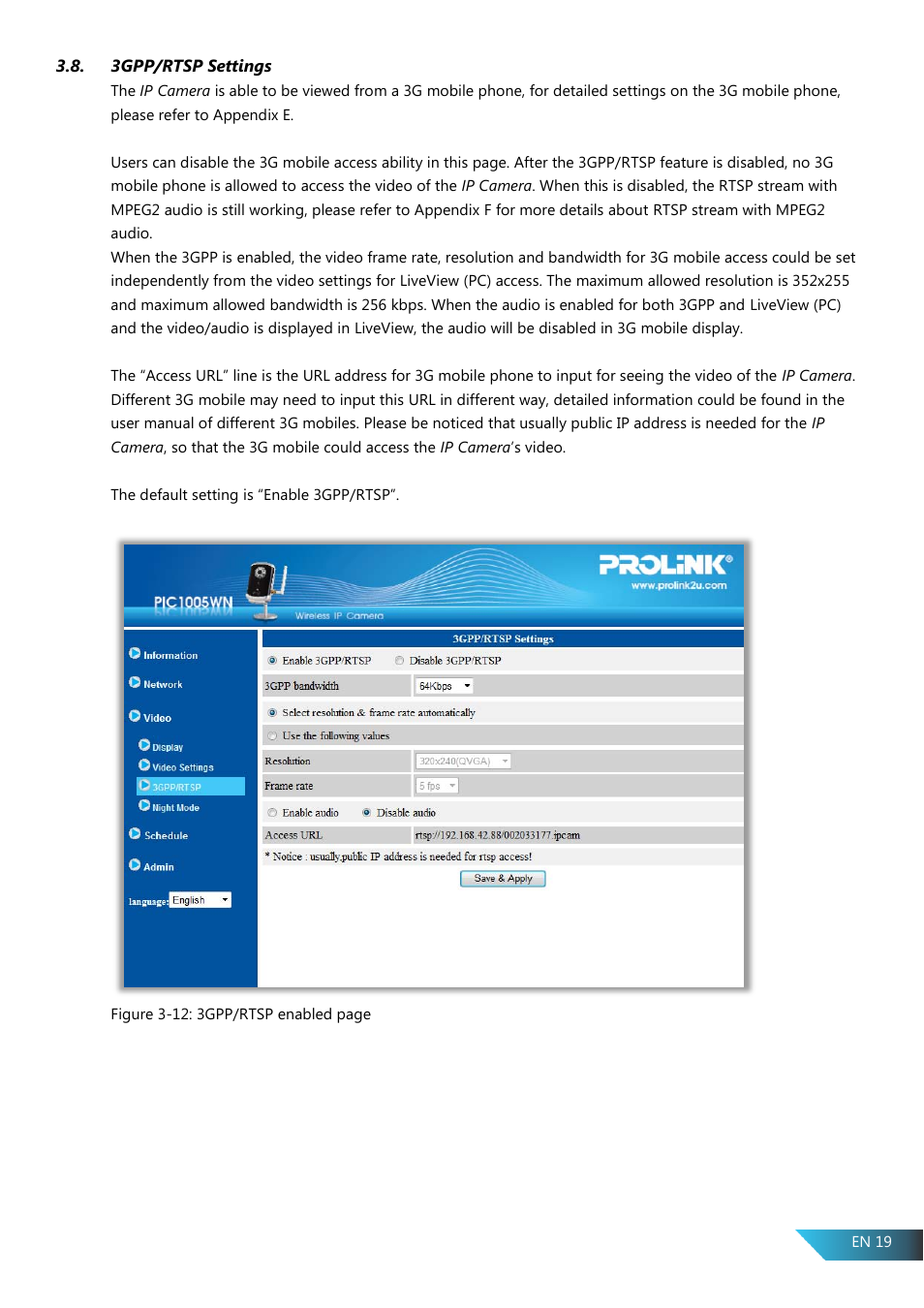 3gpp/rtsp settings | PROLiNK PIC1005WN User Manual User Manual | Page 22 / 53