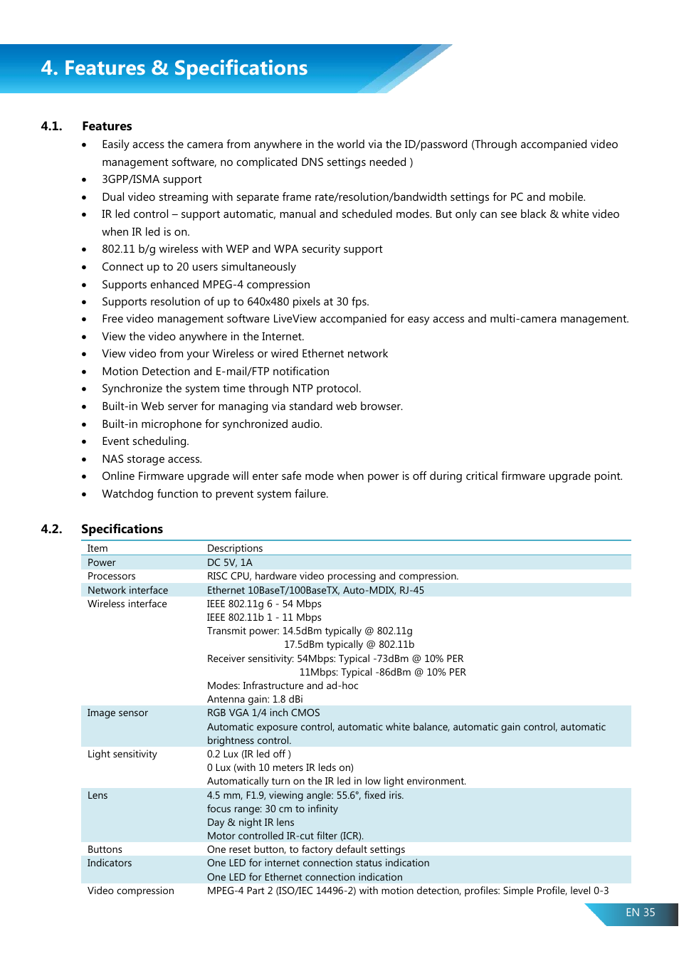 Features & specifications, Features, Specifications | PROLiNK PIC1005WN User Manual User Manual | Page 38 / 53