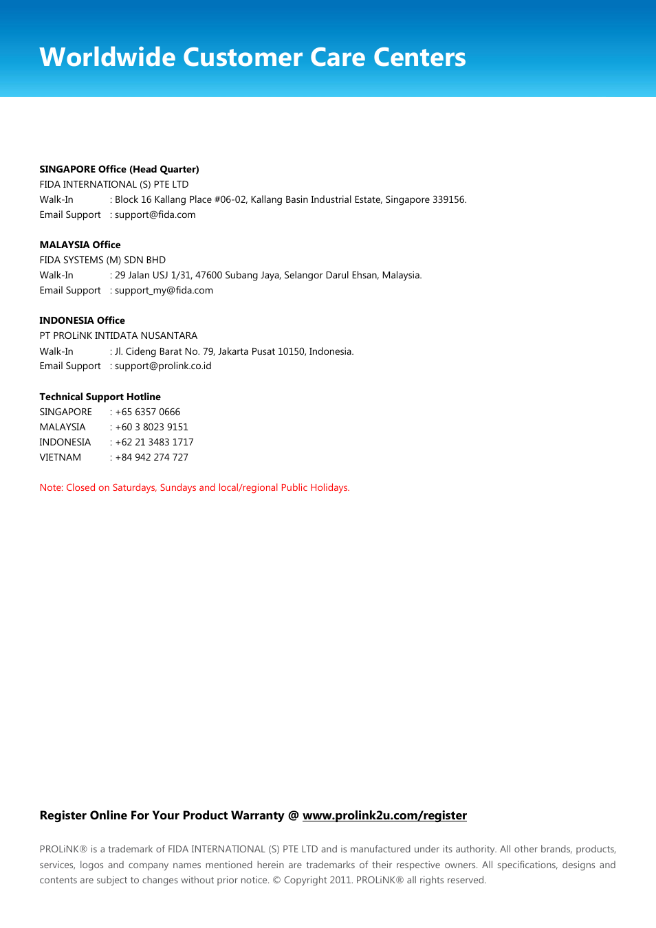 Worldwide customer care centers | PROLiNK PIC1005WN User Manual User Manual | Page 53 / 53