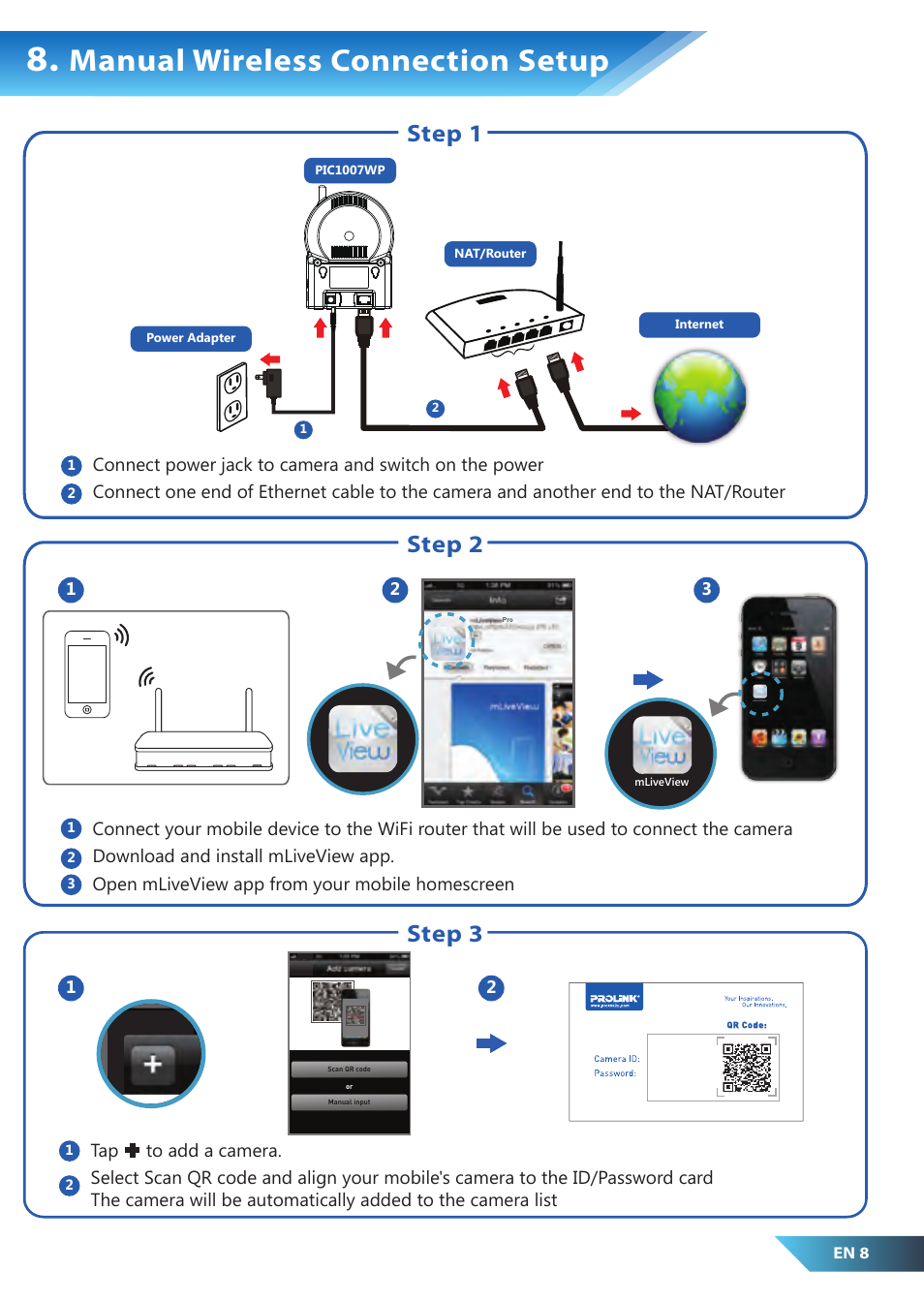 Manual wireless connection setup, Step 1 step 2 step 3 | PROLiNK PIC1007WP Quick Installation Guide User Manual | Page 10 / 40