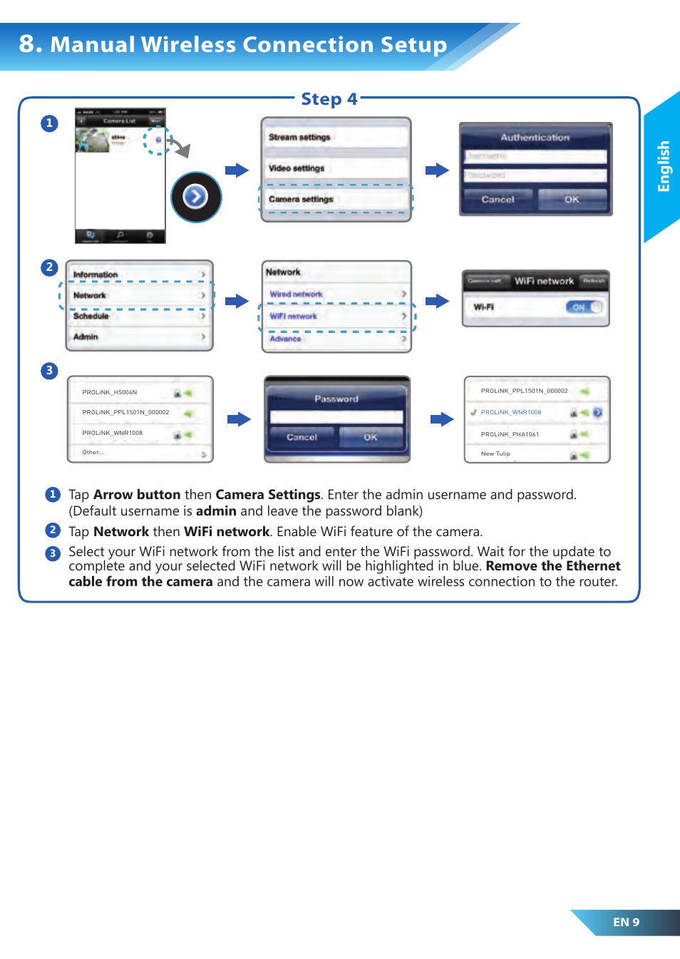 Manual wireless connection setup, Step 4, English | PROLiNK PIC1007WP Quick Installation Guide User Manual | Page 11 / 40