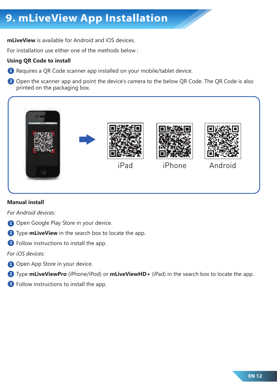Mliveview app installation, Iphone ipad android | PROLiNK PIC1007WP Quick Installation Guide User Manual | Page 14 / 40
