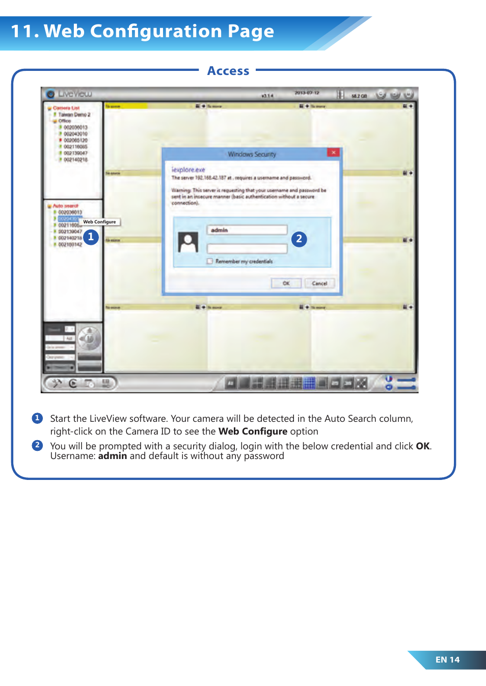 Web configuration page, Access | PROLiNK PIC1007WP Quick Installation Guide User Manual | Page 16 / 40