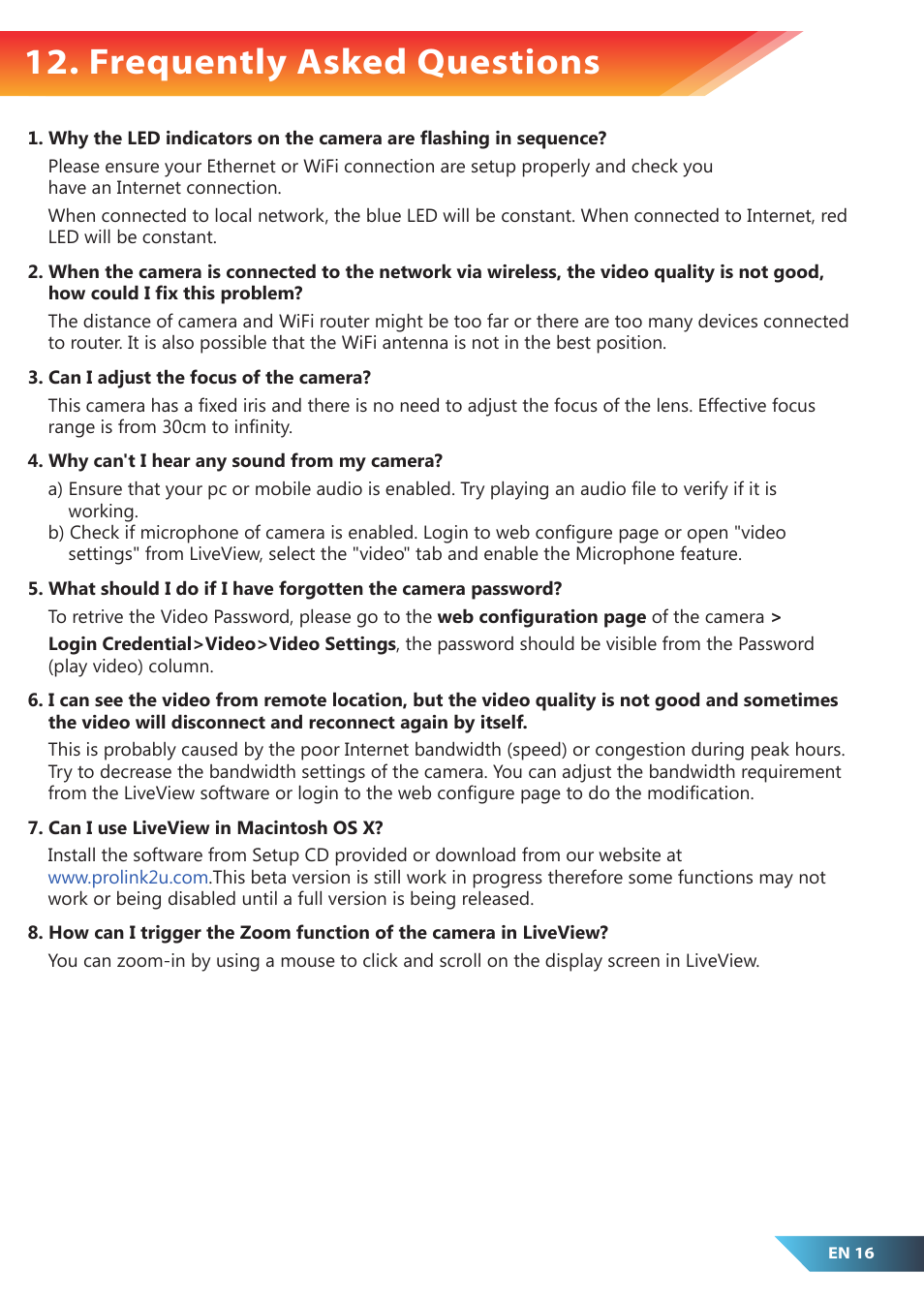 Frequently asked questions | PROLiNK PIC1007WP Quick Installation Guide User Manual | Page 18 / 40