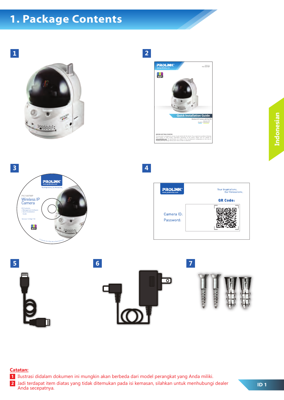 Package contents, Indonesian, Kartu id/sandi | Id 1 | PROLiNK PIC1007WP Quick Installation Guide User Manual | Page 19 / 40