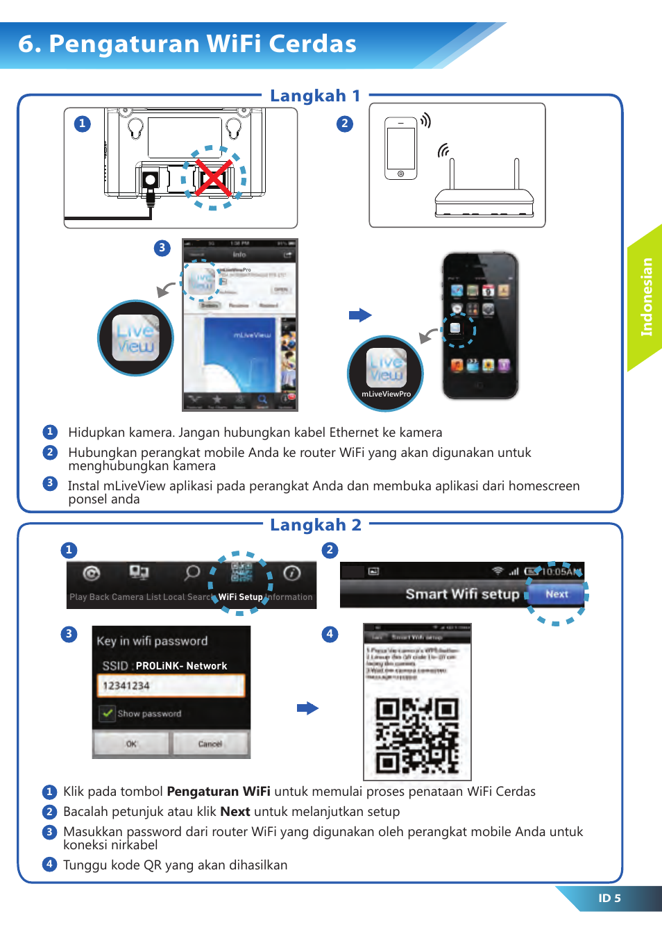 Pengaturan wifi cerdas, Langkah 1 langkah 2, Indonesian | PROLiNK PIC1007WP Quick Installation Guide User Manual | Page 23 / 40