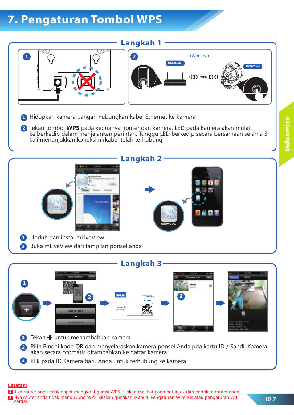 Pengaturan tombol wps, Langkah 1, Langkah 2 langkah 3 | Indonesian | PROLiNK PIC1007WP Quick Installation Guide User Manual | Page 25 / 40