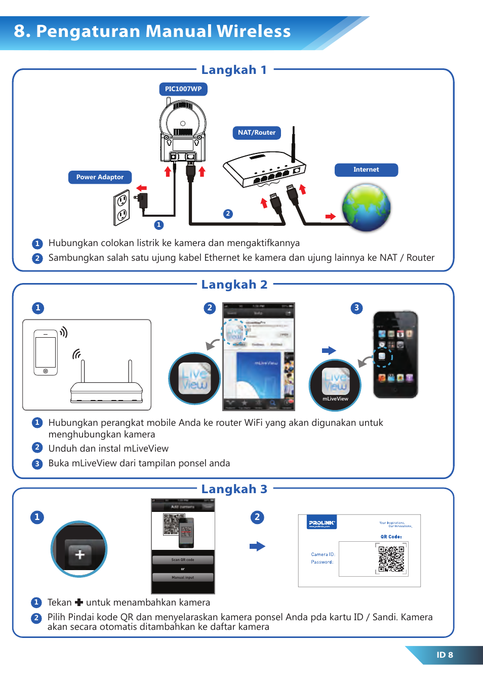 Pengaturan manual wireless, Langkah 1 langkah 2 langkah 3 | PROLiNK PIC1007WP Quick Installation Guide User Manual | Page 26 / 40