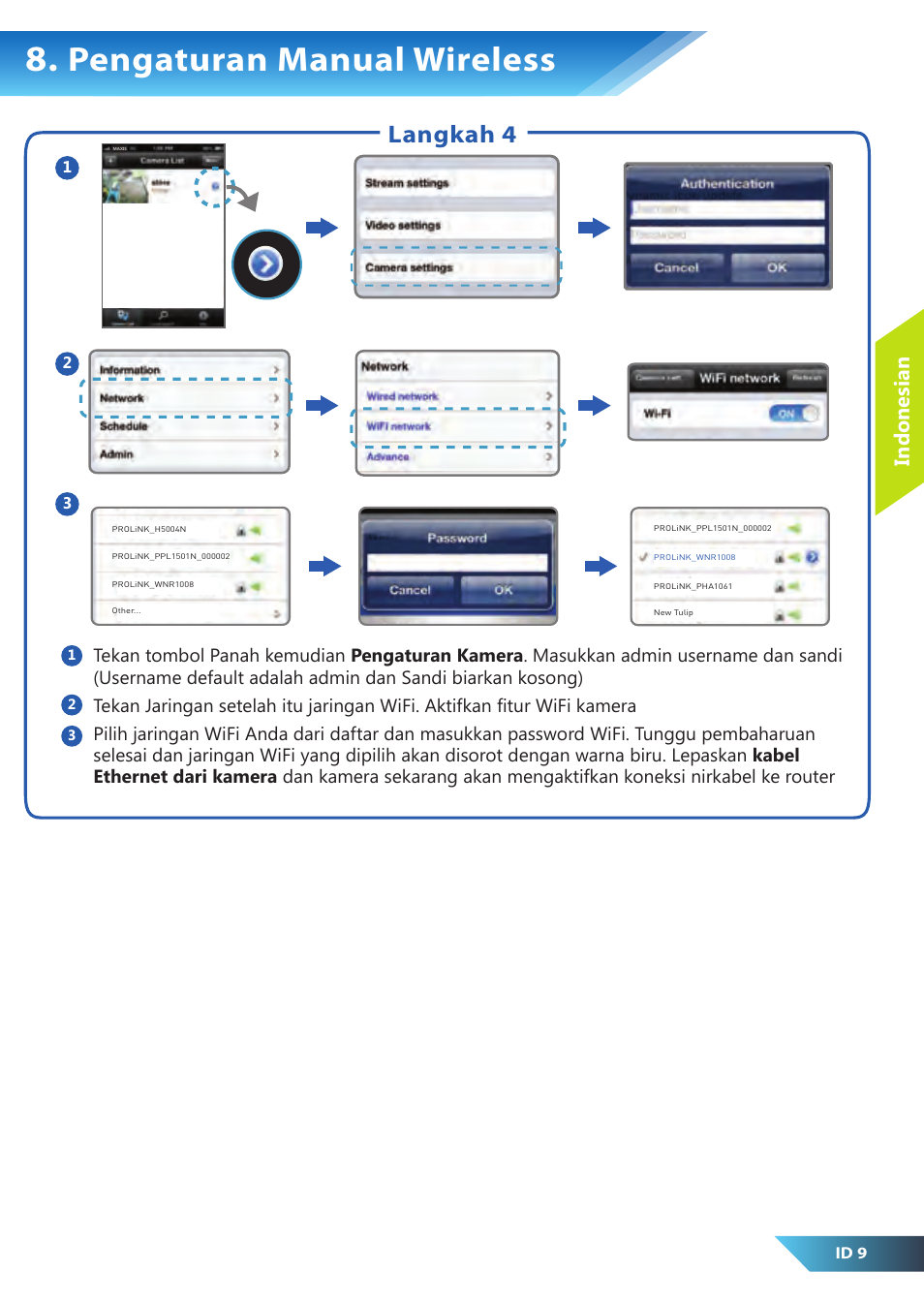 Pengaturan manual wireless, Langkah 4, Indonesian | PROLiNK PIC1007WP Quick Installation Guide User Manual | Page 27 / 40