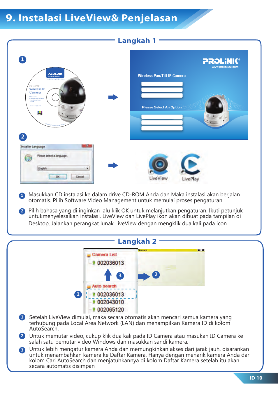 Instalasi liveview& penjelasan, Langkah 1 langkah 2, Id 10 | PROLiNK PIC1007WP Quick Installation Guide User Manual | Page 28 / 40