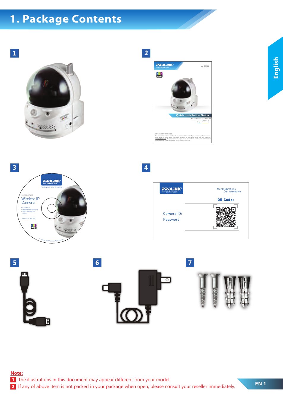 Package contents, English, Id/password card | En 1 | PROLiNK PIC1007WP Quick Installation Guide User Manual | Page 3 / 40
