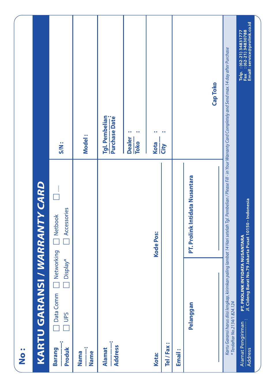 Kartu gar ansi / w arr ant y c ard | PROLiNK PIC1007WP Quick Installation Guide User Manual | Page 36 / 40