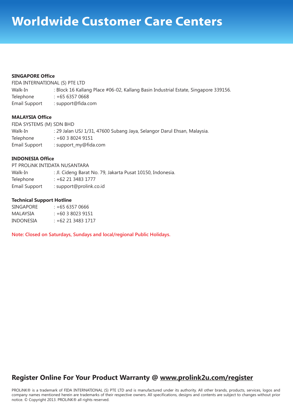 Worldwide customer care centers | PROLiNK PIC1007WP Quick Installation Guide User Manual | Page 40 / 40