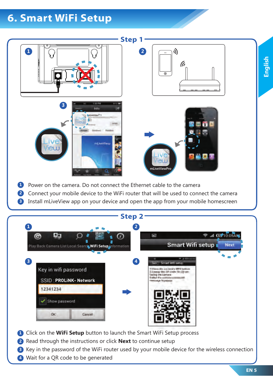 Smart wifi setup, Step 1 step 2, English | PROLiNK PIC1007WP Quick Installation Guide User Manual | Page 7 / 40