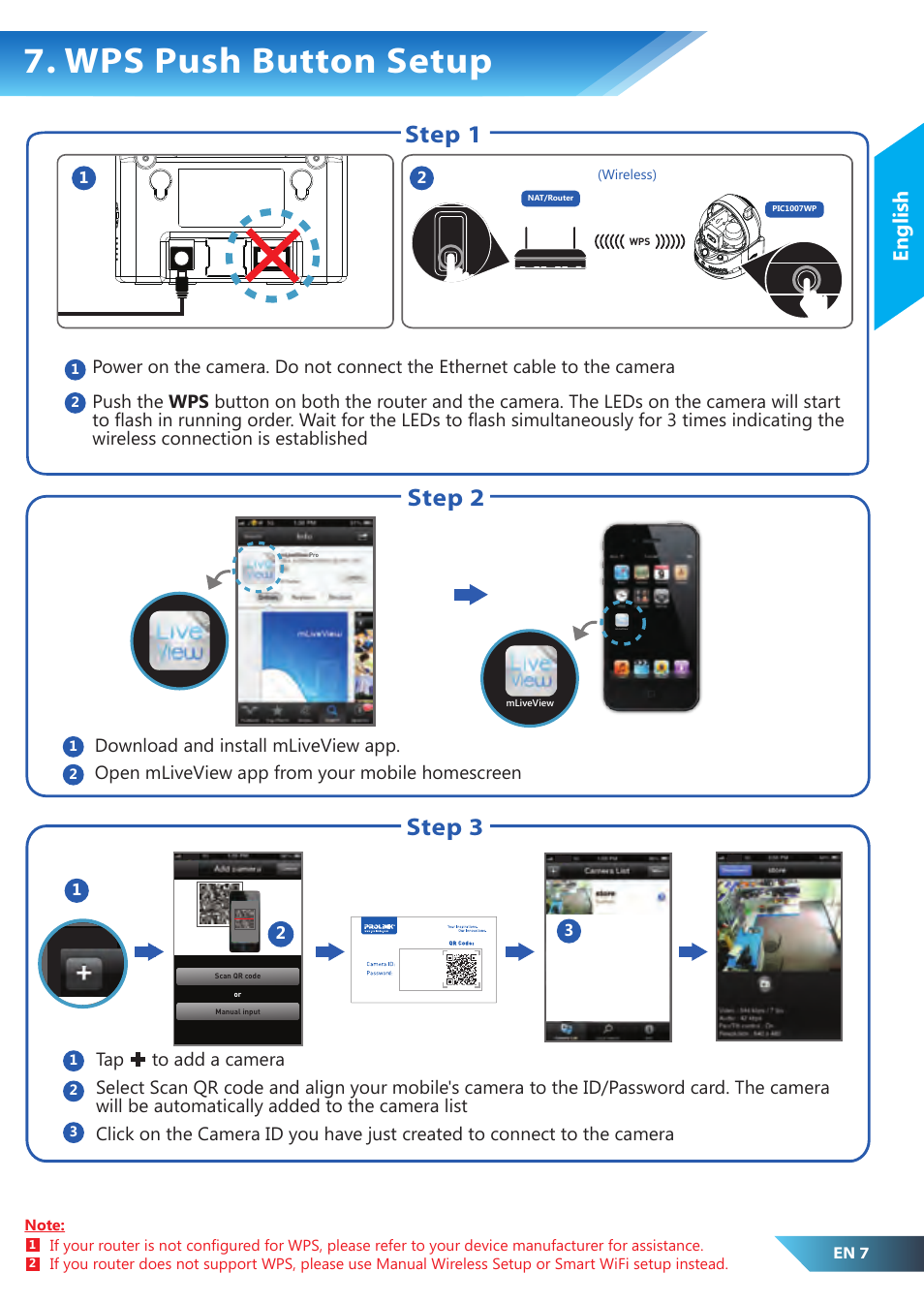 Wps push button setup, Step 1, Step 2 step 3 | English | PROLiNK PIC1007WP Quick Installation Guide User Manual | Page 9 / 40