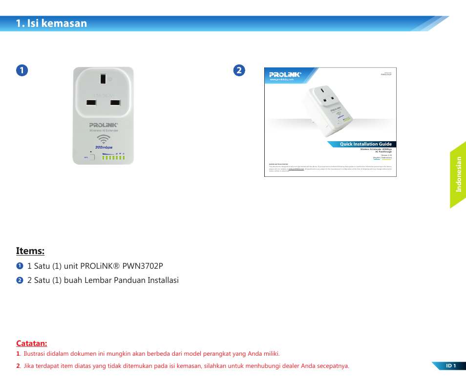 Isi kemasan, Items, Catatan | Indonesian | PROLiNK PWN3702P User Manual | Page 11 / 24